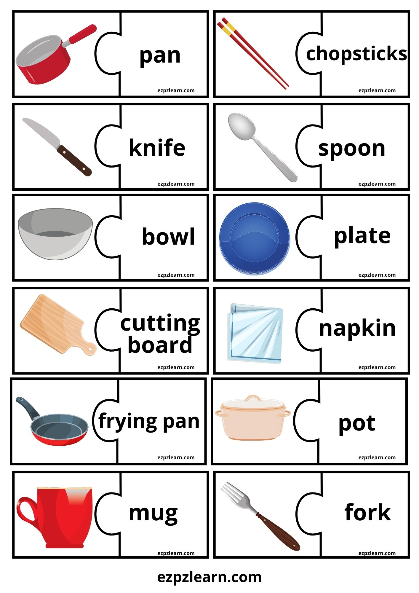 Kitchen Utensils Word Match Game